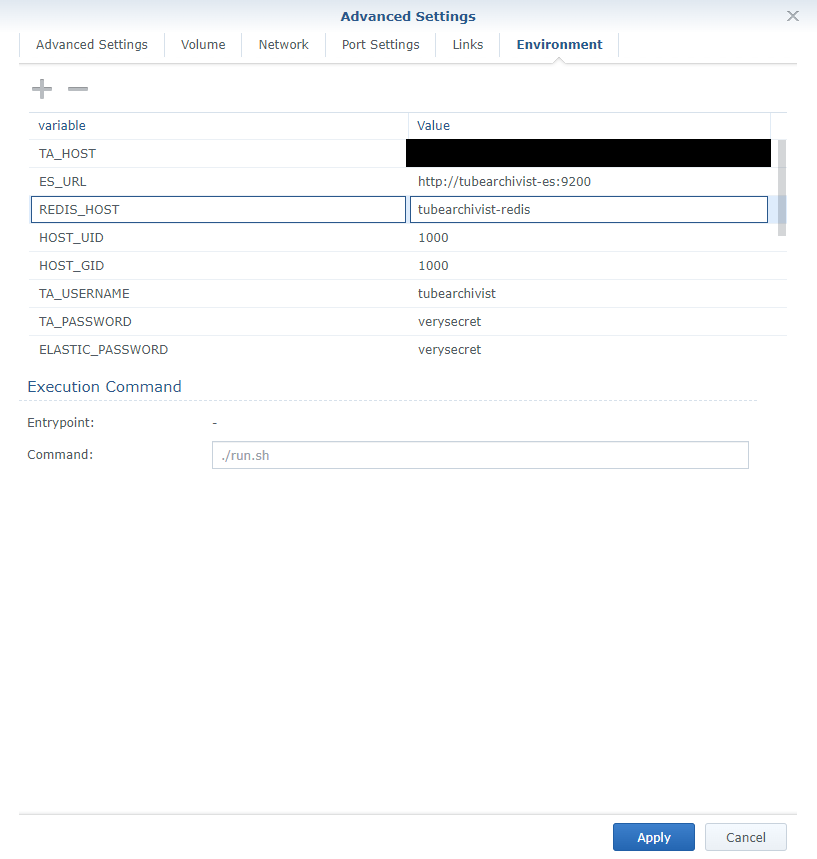 Synology - TubeArchivist Environment Configurations